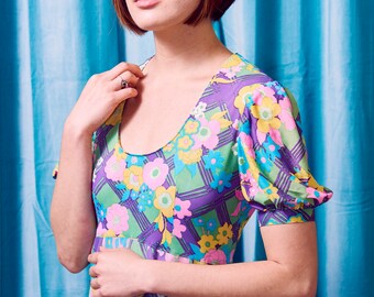 Vintage 70s Flower Print Gown - Short Sleeve Maxi Dress - Long Dress