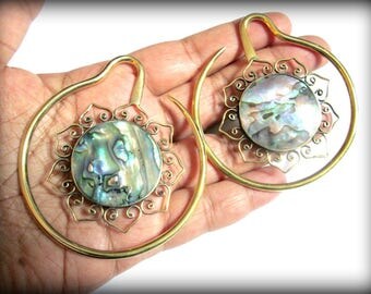 Brass ear weights-tribal ear weights-abalone shell ear weights-stretch earring-earloop weights 1 pair