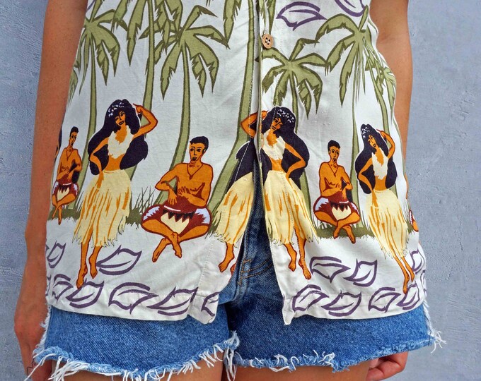 Hawaiian Shirt, Vintage 80s Shirt, Palm Tree Shirt, Hawaii Shirt, Hula Girl Shirt, Aloha Shirt, Beach Shirt, Holiday Shirt, Loose Shirt, Fun