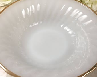 Anchor Hocking Oven Proof Milk Glass Serving Bowl w/ Gold Trim, Vintage Milk Glass Bowl Made in the USA