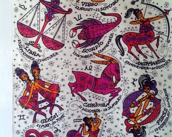 Vintage Linen Zodiac Design - Tea Towel - Wall Hanging- great condition- Ulster Weavers - Signs of the Zodiac - 1970s