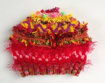 Embellished hat for3-6 year old girl. Red, orange and yellow colouring. Bright colours, embroidery, textures and beads. One of a kind.