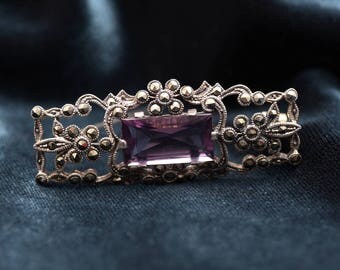 Bar Brooch, Amethyst and Marcasite, Vintage Sterling Silver Brooch