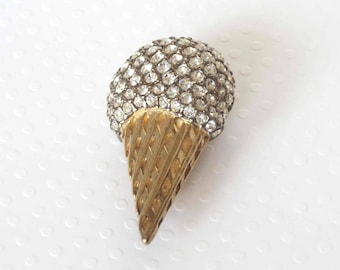 Fun Vintage Rhinestone Ice Cream Cone Brooch - Signed