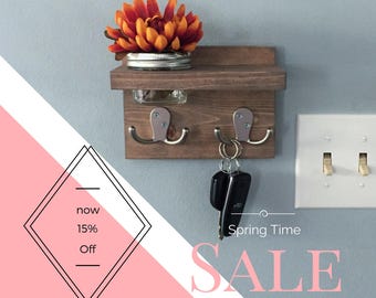 Key Holder, apartment decor, small key hook, wall decor, planter, succulent, coat rack, mason jar, shelf, for her, for him, wood key hook