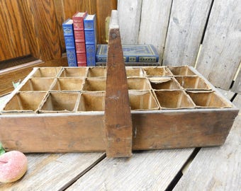 Rustic Vintage Handmade Divided Wood Tool Carrier - Milk Cartons