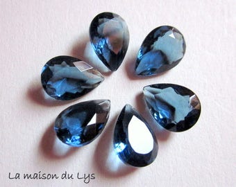 6 non-pierced imitation Sapphire 10mm x 14mm faceted glass drops