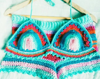 Crochet bikini top and shorts, ready to ship, Mexican inspired colours, turquoise, orange and pink, bohemian, boho top, beach, festival.