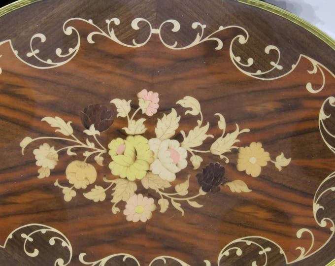 Large Marquetry Inlaid Wood & Brass Serving Tray with Flowers - Vintage Mid Century - Made in Italy - Mad Men Decor