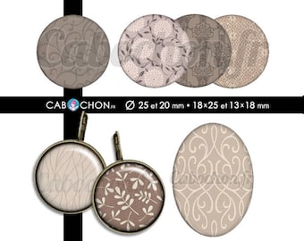 Taupe • 60 Images Digitales RONDES 25 20 mm OVALES 18x25 13x18 mm page sheet cabochon bijoux liberty london taupe prune digital marron brun