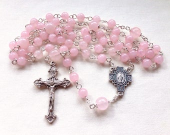 Catholic Rosary with Rose Quartz beads, Gemstone Rosary beads, Women's rosary, Godparent gift, Gift for God daughter, Pink rosary