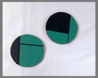 Upcycled leather coaster, Two tone coasters, Leather and cork recycled drinks mats, Geometric design, Set of 2 coasters