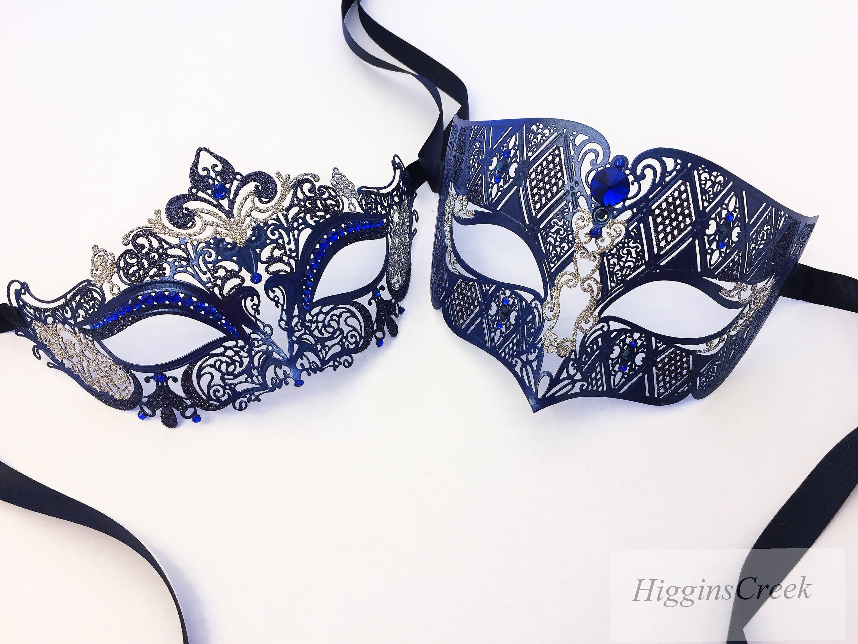 Navy Blue Couples Masquerade Mask Set Black Venetian Couples