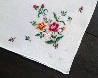 White cotton vintage handkerchief with petit point embroidery