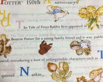 Half Yard- Peter Rabbit Fabric- Text / Scenes and characters - light green background- Produced by Sunhit Co Ltd- Cotton- Printed in Japan