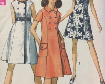 1960s, Simplicity 8586, Coat Dress, Sewing Pattern, Step in, Round Neckline, Button Closing, Short Sleeves, Sleeveless, Double Breasted