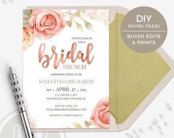Bridal Brunch Invitation - Pink Rose Bridal Shower Invitation, Instant Download, Rose Gold Bridal Brunch Invite, Printable Invitation