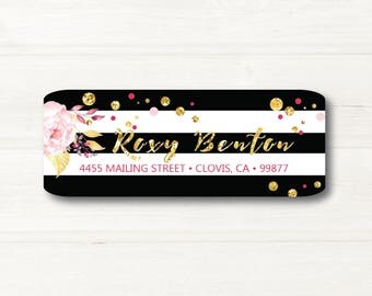 Black & White, Flower, Gold, Return Address Label, Personalized, MATTE, Watercolor Style, Glitter Style