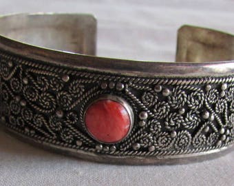 Silver and Orange Stone Cuff Bracelet