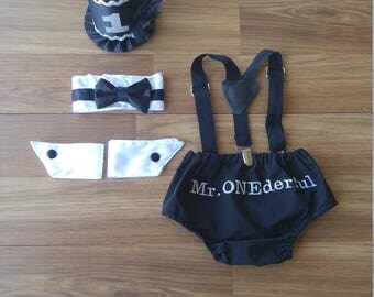 1st Birthday Cake Smash Outfit Photo Shoot Black and White Tuxedo Little Man Mr. Onederful Diaper Cover Bow Tie Top Hat Suspenders Baby Boy