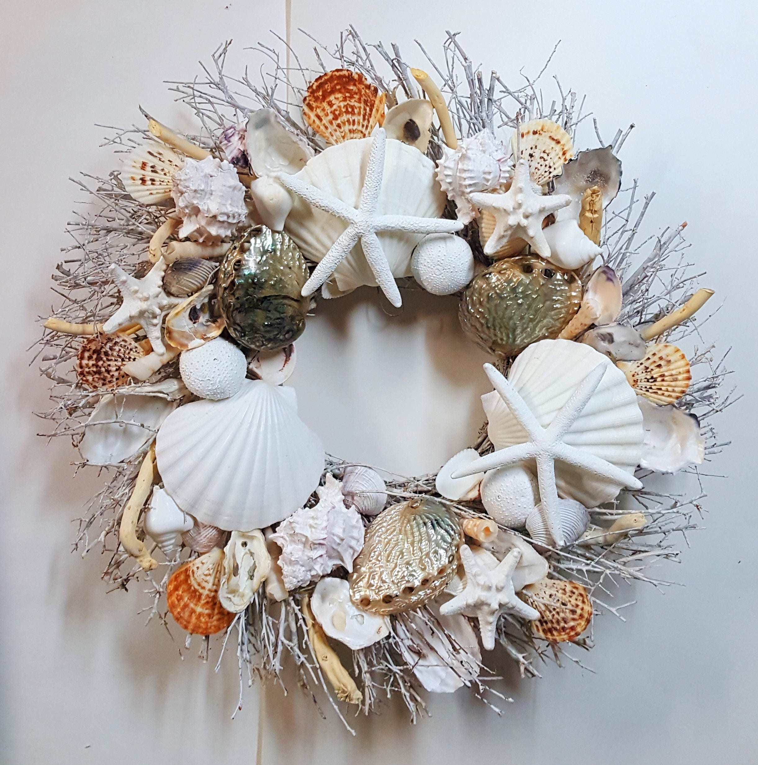 21 Sea Shell Wreath on Birch Twig with Rare Blue Abalone