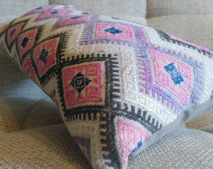 Pearl and Pink Vintage Chinese Wedding Blanket Pillow Cover / Boho Ethnic Miao Dowry Textile / Handwoven Lumbar Cushion Cover
