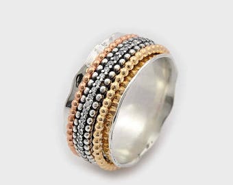 CZ Fidget Ring, Spinner fidget, Fidget Spinner, Tri color ring, Multi color spinner ring, Silver and gold Spinner Ring, Meditation Ring,