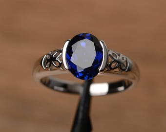 lab sapphire ring promise wedding ring oval cut gemstone sterling silver ring solitaire blue September birthstone gemstone ring