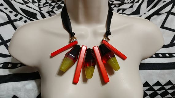 Huge Black,Red,Yellow,and Orange Carved Slab Necklace Choker