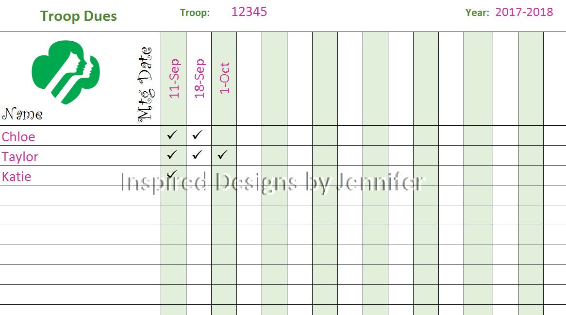 Girl Scout Troop Dues Tracker Instant Download