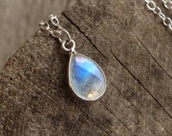 Moonstone necklace, rainbow moonstone water droplet, blue flash, dainty sterling silver chain, June birthstone necklace