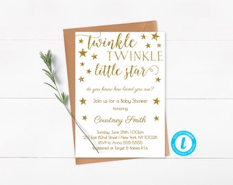 Twinkle Twinkle Little Star Baby Shower Invitation Template, Editable, Gold Glitter, Gender Neutral Invitation, Instant Download - SG1