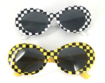 Checkered /Yellow Oval Mod Stlye Vintage,Kurt Sunglasses 90s ,Clear Oval Sunglasses