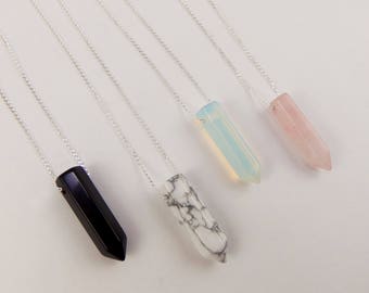 Sterling silver crystal necklace, rose quartz necklace, opalite necklace, white howlite necklace, black onyx necklace, 24" sterling silver