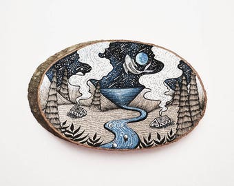 Cabin in the mountains // Original Wood Slice Art, Wood Art. Designed by Menisart