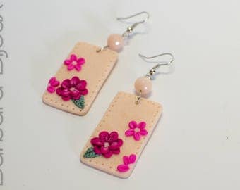 Women's earrings elegant, rectangular, pink with flowers, jewelry polymer clay (fimo).