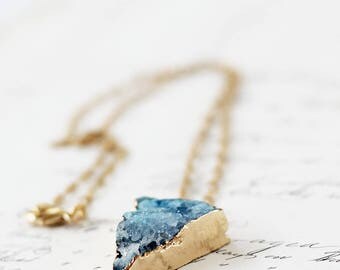 Druzy Triangle Necklace - Druzy Necklace - Layering Boho Necklace - Bridesmaid Druzy Necklace - Best Gift for Girlfriend - Blue Druzy
