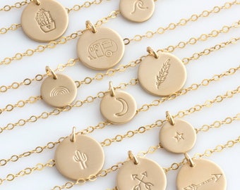 Gold Disc Necklace / Sterling Silver Stamped Disc Necklace/ Pineapple/ Arrow /Feather/Heart/ Cactus/ Boho/ Delicate/Dainty/ LEILAjewelryshop