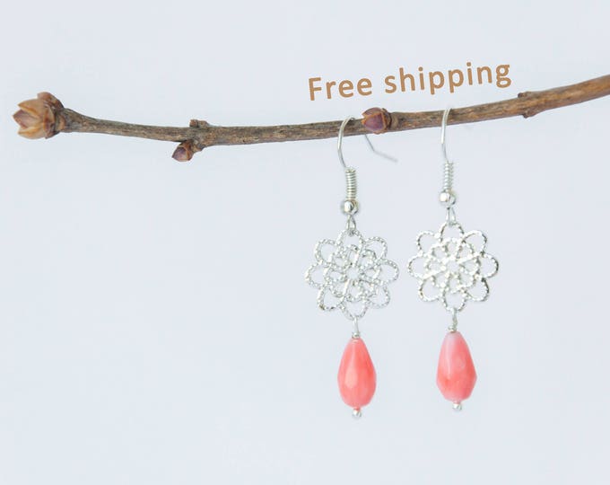 Coral drop earrings, Coral earrings, Pink coral earrings, Coral colored earrings, Gift exchange idea, Birthday gift for teenage girl
