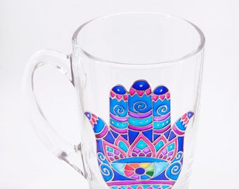 Hamsa Hand Mug, Hand of Fatima Mug, Unique Hamsa Gift, All Seeing Eye Mug, Hand Painted Spiritual Gift, Khamsa Protective Hand Mug