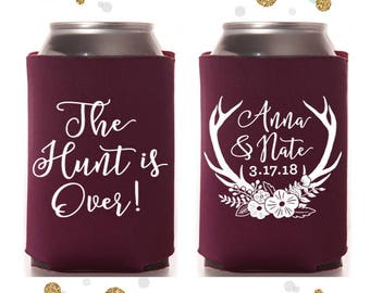 The Hunt is Over - Antlers - Wedding Can Cooler #71 - Custom -  Wedding Favors, Beverage Insulators, Beer Huggers