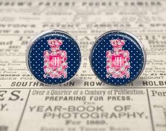 Chanel Inspired Monogram Glass Stud Earrings, Monogrammed Jewelry, Personalized Earrings, Initial Earrings, Perfume Stud Earrings