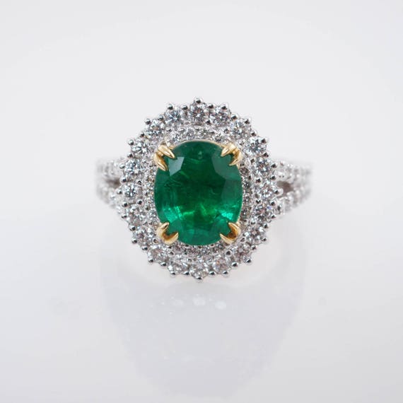 3 Carat Natural Oval Emerald & Double Halo Diamond Engagement Ring White Gold 3 ct natural emerald engagement diamond ring May Birthstone
