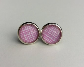 Pink & White 10mm Round Glass Dome Stud Earrings
