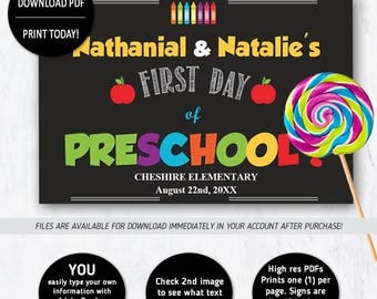 First Day of Preschool Sign for TWINS - INSTANT DOWNLOAD Edit with Acrobat Reader