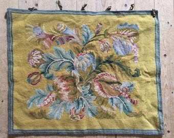 Antique tapestry panel point de croix cross stitch French chateau style bourgeoise home decor handmade boudoir needlework Aubusson Provence