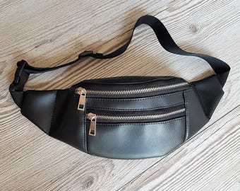 Vegan leather fanny pack, Hip bag, Bum bag, Festival bag, Waist bag, Belt bag, Black faux leather pouch, travel purse