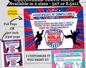 AMERICAN NINJA WARRIOR Certificate of Completion diy printable