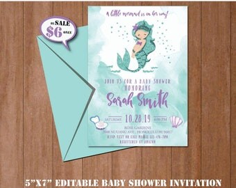 Little Mermaid Baby Shower Invitation-SELF-EDITING Under The Sea Baby Shower invite-Mermaid Party-Pool Party-Pool Side Baby Shower-B416