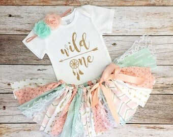 Peach, Mint and Gold Wild One Dreamcatcher Theme Birthday Outfit with Headband/Baby Girl Boho Theme First Birthday, Peach and Mint Tutu